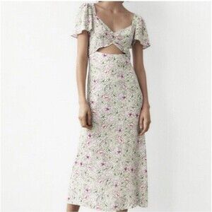 ZARA White Green Pink Floral Cut Out Midi Cap Sleeve Summer Dress Sz L